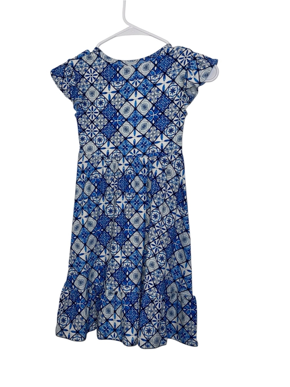 Girls Blue Kaleidoscope Print Flutter Sleeve Casual Twirl Dress - Picture 2 of 3